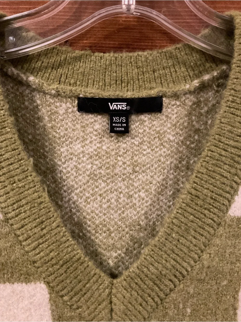 VANS Olive & Cream “Courtyard Checker” Vneck Sweater Vest size XS/SM relaxed fit
